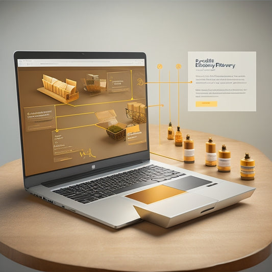An illustration of a digital product delivery process, featuring a stylized ecommerce website on a laptop screen, with a series of connected nodes and lines representing efficient data flow.