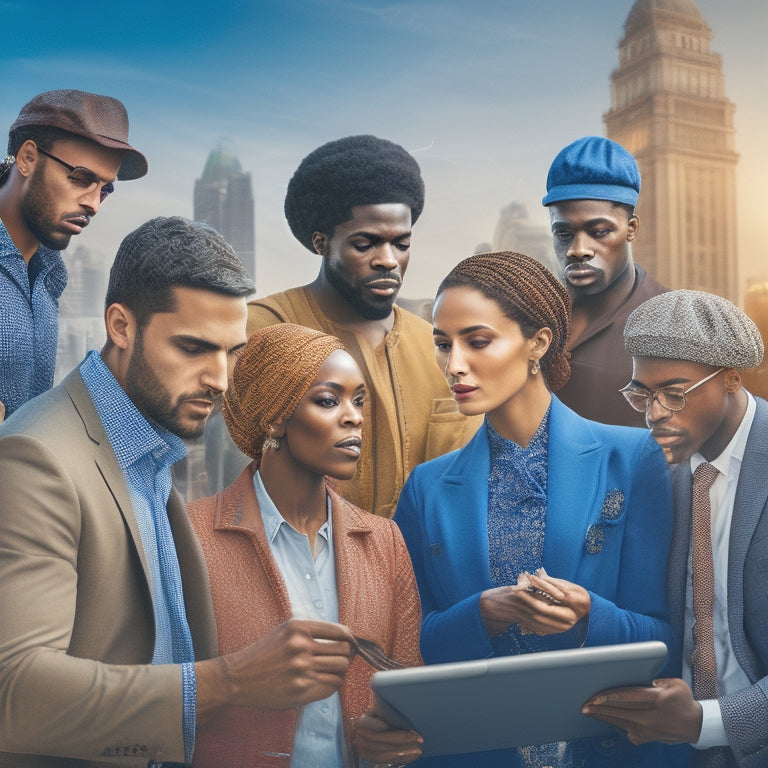 An illustration featuring a diverse group of merchants from various industries gathered around a tablet, with a cityscape or marketplace in the background, surrounded by swirling lines and nodes representing digital connections.