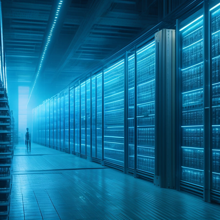 A futuristic warehouse with rows of shelves, robots moving inventory, and a large holographic screen displaying a 3D graph of inventory levels, with a subtle glow of green and blue hues.