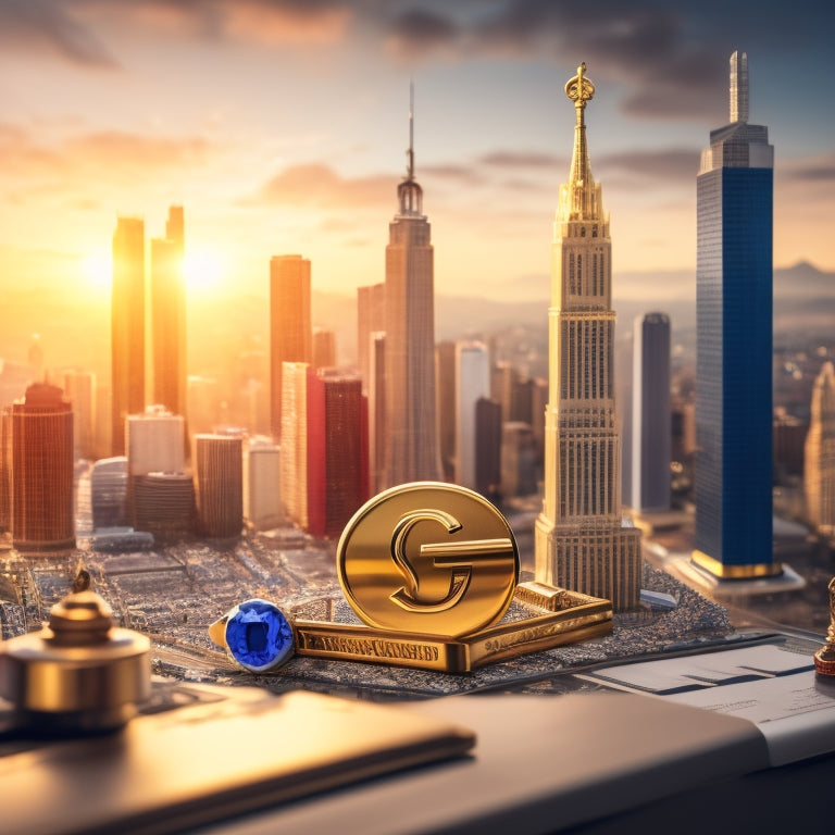 A golden key unlocking a Google Ads logo, surrounded by rising graphs, sparkling coins, and a subtle cityscape background, conveying success and prosperity.