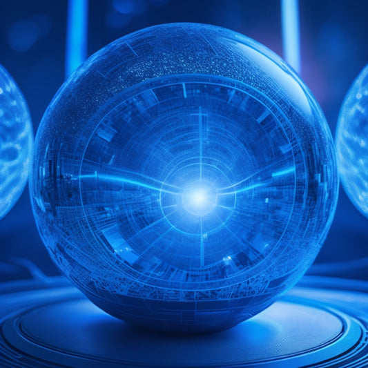 A intricate, futuristic puzzle sphere with glowing blue lines and circuits, surrounded by faint, swirling silhouettes of customers, with a subtle, shimmering light emanating from the center.