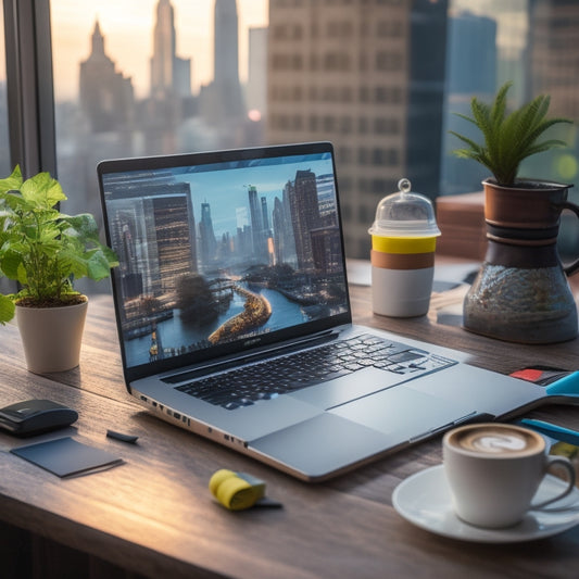 A laptop on a clutter-free desk, surrounded by colorful sticky notes, a cup of steaming coffee, and a few open notebooks, with a subtle cityscape background and a warm, natural light.