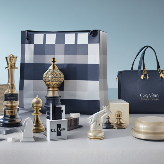 A stylized illustration of a chessboard with a Calvin Klein logo as the centerpiece, surrounded by ecommerce symbols and icons, such as shopping bags and arrows, in a modern, minimalist aesthetic.