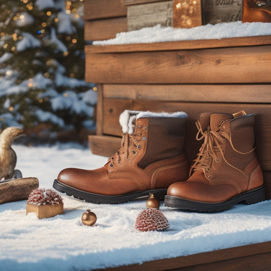 A serene winter landscape featuring a pair of Nordic boots, polished to a warm sheen, placed atop a wooden bench, surrounded by scattered snowflakes and a few care labels.