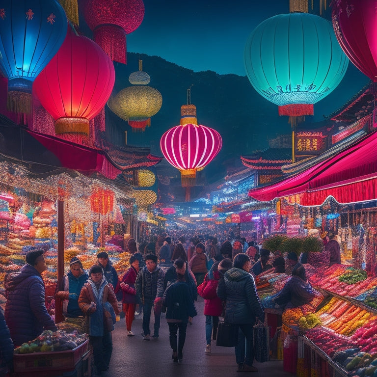 A vibrant illustration of a bustling Chinese marketplace at night, with neon-lit lanterns, colorful balloons, and overflowing shopping bags surrounded by iconic Chinese architecture and joyful shoppers.