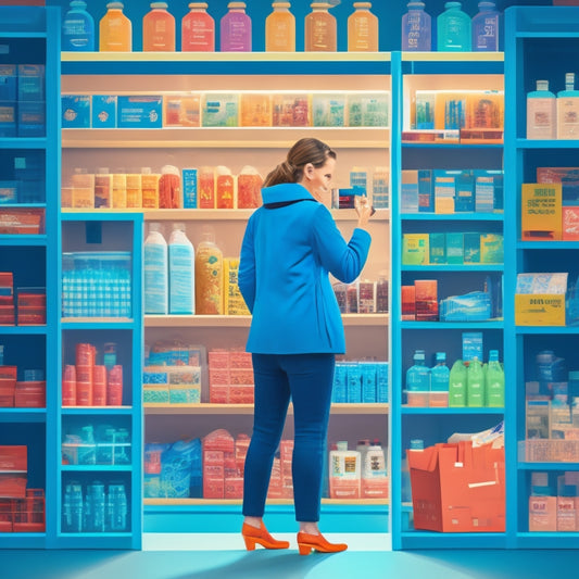 An illustration of a person standing in front of a large, organized product shelf, with various products categorized and labeled, surrounded by magnifying glasses, stars, and checkmarks, conveying a sense of analysis and approval.