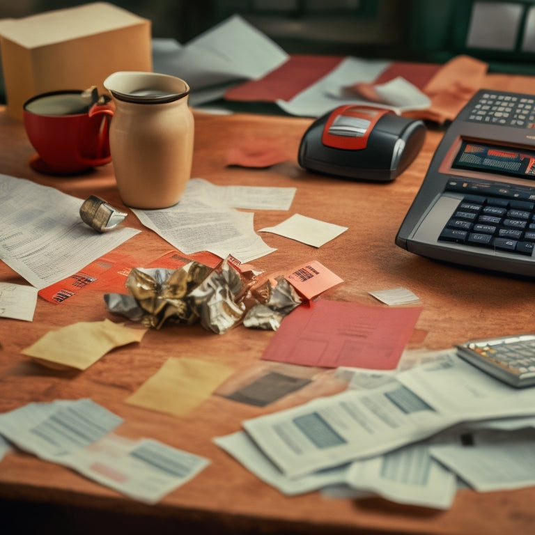 A chaotic desk with crumpled papers, scattered receipts, and a broken calculator surrounded by shattered coffee cups, with a faint red "X" symbol overlaid on a background of torn sales reports.