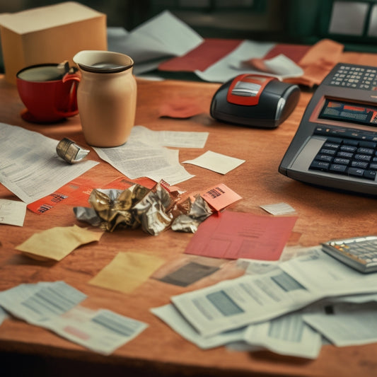 A chaotic desk with crumpled papers, scattered receipts, and a broken calculator surrounded by shattered coffee cups, with a faint red "X" symbol overlaid on a background of torn sales reports.