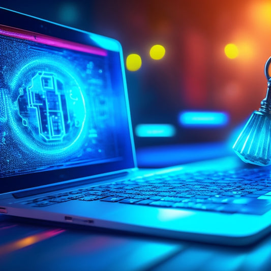 A golden key unlocking a modern laptop, surrounded by subtle, glowing blue circuits and tiny, shimmering success symbols (e.g., trophies, stars) on a sleek, dark background.