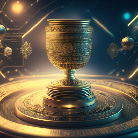 A stylized illustration of a customer loyalty program, featuring a golden trophy with a glowing badge, surrounded by swirling patterns of digital codes, circuits, and interconnected nodes.