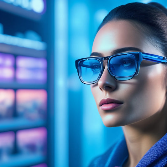 A futuristic online shopping scene with a young woman wearing AR glasses, surrounded by floating 3D product models and virtual shelves, with a cityscape blurred in the background.