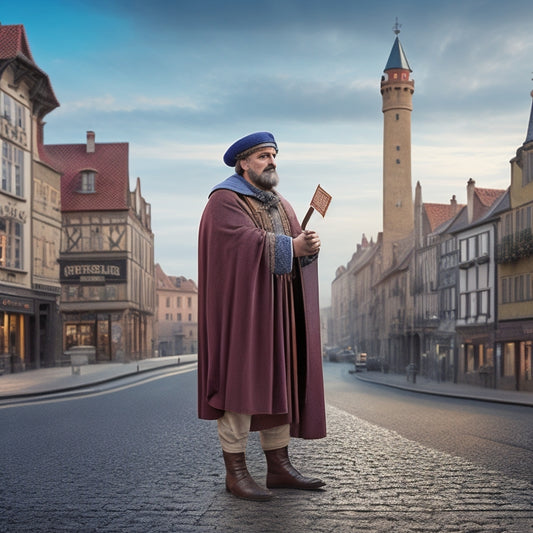An illustration of a medieval European merchant standing at a crossroads, surrounded by confusing road signs and currency symbols, with a puzzled expression on his face, amidst a subtle cityscape background.