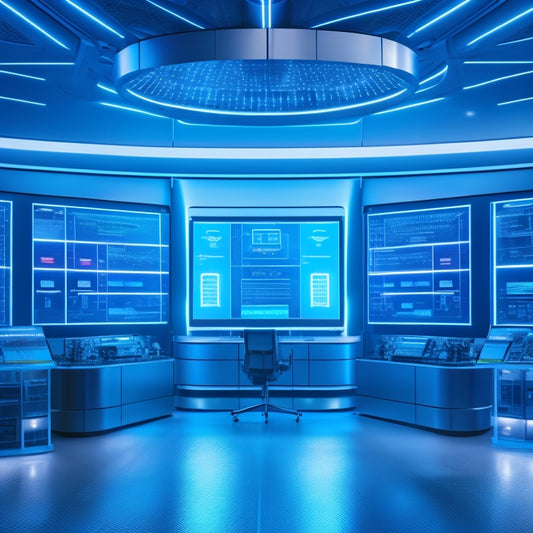 A futuristic customer service hub with sleek, silver robots and holographic screens, surrounded by a network of glowing blue circuits and wires, set against a dark, gradient blue background.