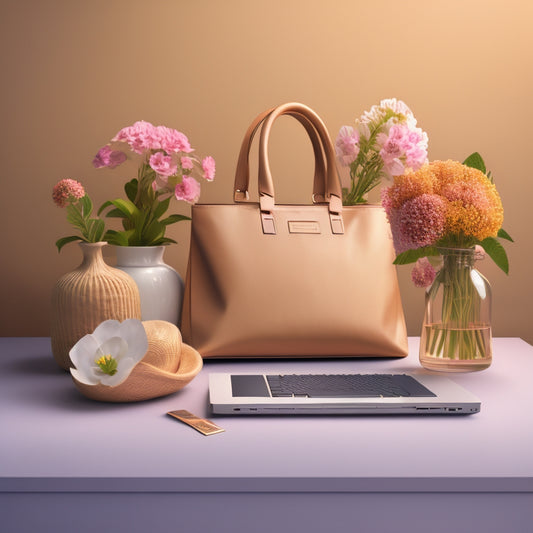 A stylized illustration of a laptop with a blooming flower or growing vine emerging from the screen, surrounded by minimalistic, modern e-commerce elements like shopping bags and credit cards.