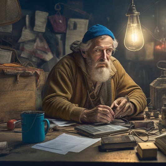 A distressed merchant surrounded by scattered invoices, broken devices, and tangled cords, with a faint glow of hope from a repaired laptop and organized files in the background.