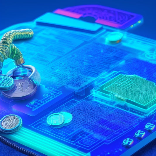 An illustration of a padlock surrounded by various payment method icons (credit cards, mobile payments, etc.) on a blue background with subtle circuit board patterns, conveying security and technology.