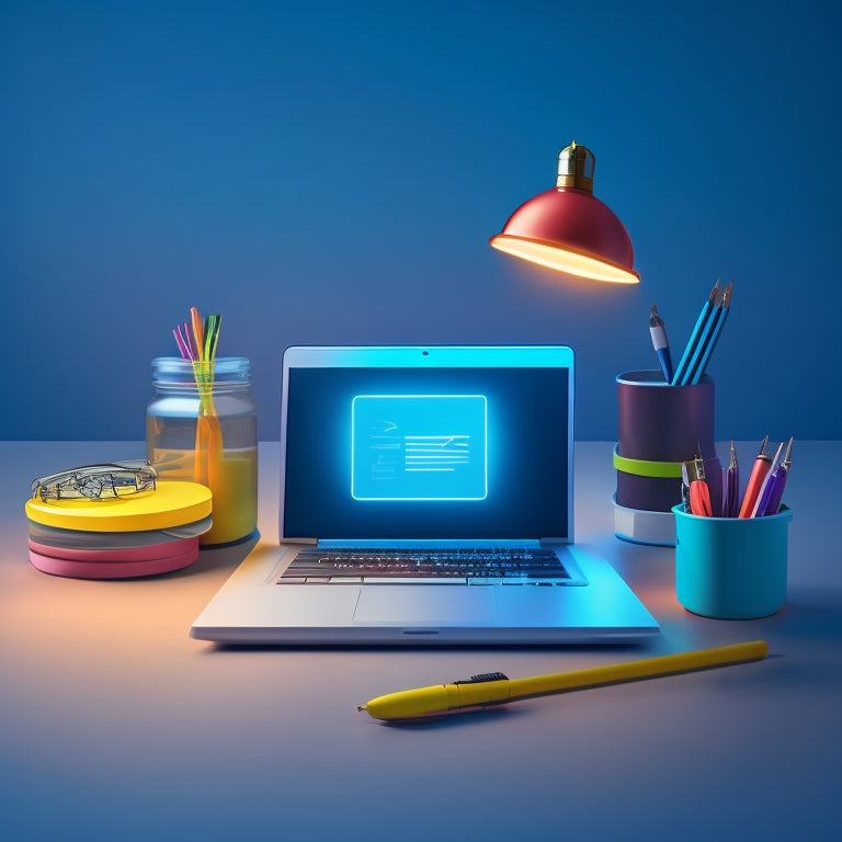 A minimalist digital illustration featuring a laptop with a glowing screen, surrounded by various e-learning icons, such as a graduation cap, a lightbulb, and a shopping cart, on a subtle grid background.