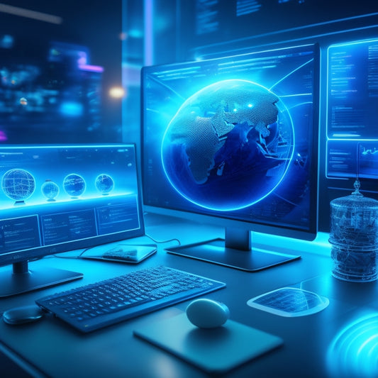 A futuristic e-commerce dashboard with sleek lines, glowing blue circuits, and a holographic globe, surrounded by scattered laptops, tablets, and smartphones, all displaying thriving online stores.