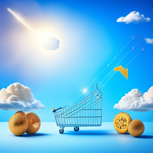 A stylized illustration of a scalable ecommerce course success roadmap, featuring a rising arrow piercing a cloud, surrounded by orbiting shopping carts, gears, and lightbulbs, set against a gradient blue backdrop.