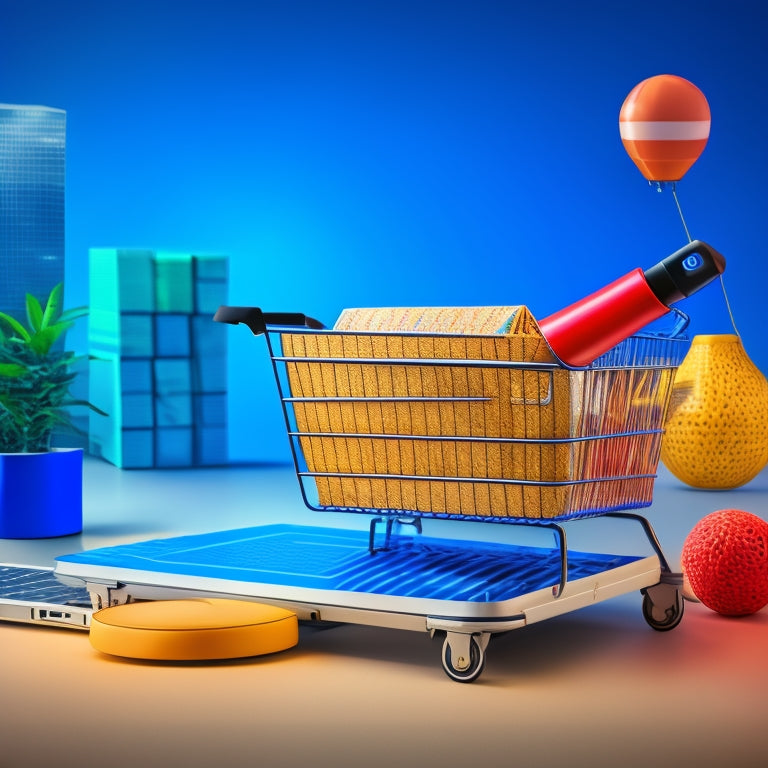 A stylized illustration of a laptop with a shopping cart and a growth graph emerging from the screen, surrounded by concentric circles and subtle ecommerce icons like bags and boxes.