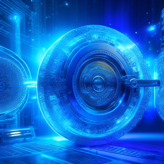 A futuristic, high-tech background with glowing blue circuitry patterns, featuring a large, shimmering silver lock with a tiny shopping cart icon at its center, surrounded by swirling, abstract code fragments.
