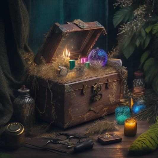 A whimsical, dimly lit treasure chest overflowing with colorful design assets, including paintbrushes, paint tubes, scissors, and rolls of tape, surrounded by twinkling fairy lights and lush greenery.