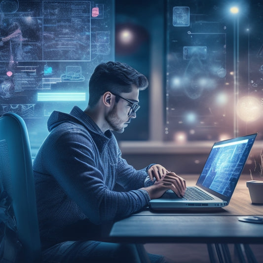 A stylized illustration of a person sitting in front of a laptop, surrounded by various digital icons and symbols, with a subtle glow emanating from the screen, conveying a sense of ease and efficiency.