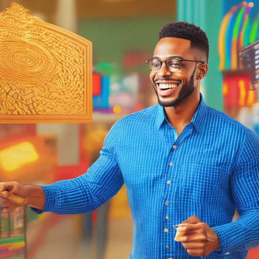 An illustration of a smiling merchant standing in front of a giant tablet, surrounded by swirling lines of code, shopping bags, and arrows pointing upwards, symbolizing growth and success.