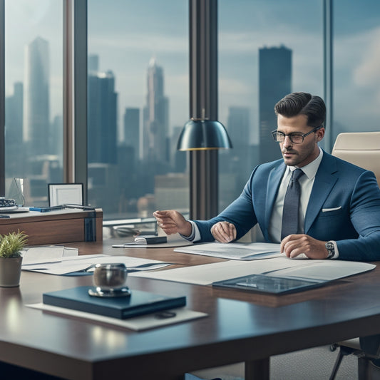 An illustration of a confident business professional sitting across a negotiating table from a supplier, with a cityscape or industrial background, surrounded by subtle hints of contracts, calculators, and handshake icons.