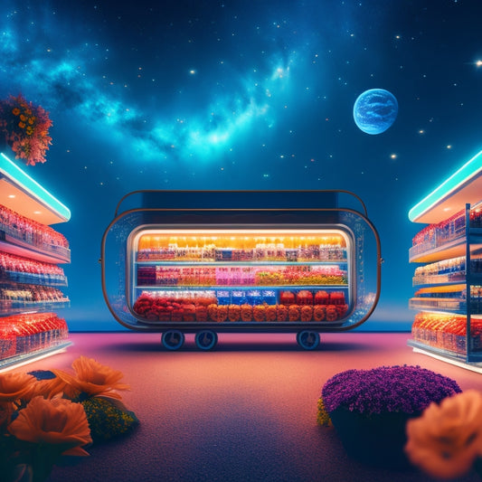 A stylized, futuristic retail landscape with sleek, glowing shelves and a vast, starry night sky above, featuring a blooming flower with petals shaped like shopping carts and product recommendations orbiting around it.