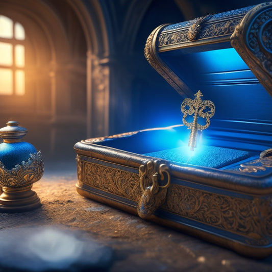 A golden key unlocking a treasure chest overflowing with scrolls, surrounded by a halo of light, amidst a background of subtle, gradient blue tones, symbolizing hidden knowledge and prosperity.