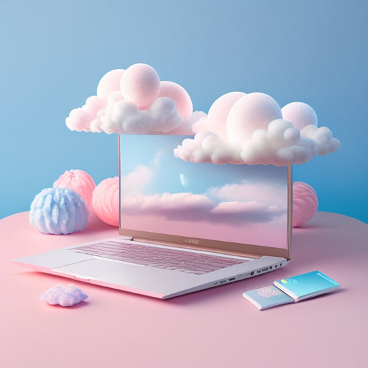 A whimsical, pastel-colored illustration of a laptop surrounded by floating digital files, with a subtle Etsy shop icon in the corner, amidst a background of subtle, swirling clouds and tiny stars.