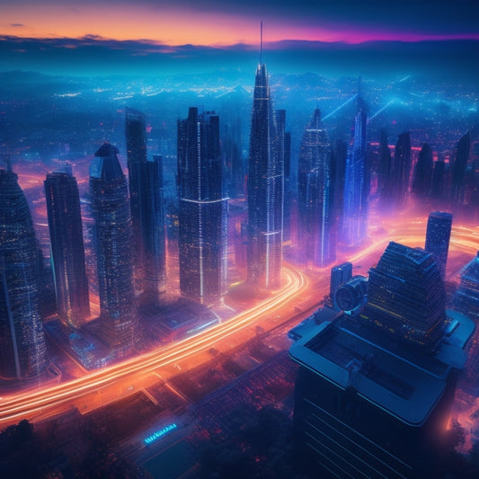 A futuristic, neon-lit cityscape at dusk with sleek skyscrapers and glowing circuits, featuring a large, abstract keyhole in the center, surrounded by swirling code streams and orbiting digital locks.