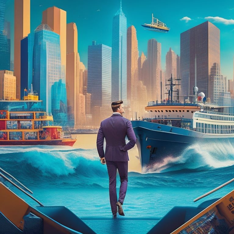 A stylized illustration of a CMO standing at the helm of a ship, guiding it through choppy waters, with a cityscape of online storefronts and shopping carts in the background, symbolizing ecommerce success.