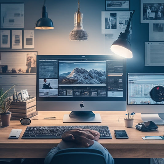 An illustration of a person sitting at a desk with multiple screens displaying ecommerce platforms, surrounded by icons of digital tools, such as a magnifying glass, charts, and a shopping cart.