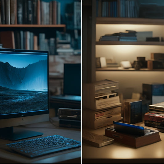 A split-screen image: a cluttered, dimly lit shelf overflowing with dusty DVDs, CDs, and video games, versus a sleek, modern laptop with a minimalist desktop and a few tidy digital folders.