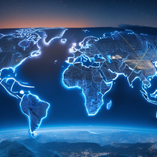 A globe with glowing blue lines and nodes, surrounded by Amazon, Alibaba, and eBay boxes, with arrows and circles symbolizing online transactions, set against a dark blue background with subtle cityscape silhouettes.