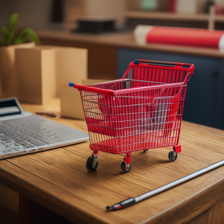 A downward-trending graph with a red arrow pointing to a laptop screen displaying a partially filled shopping cart, abandoned on a cluttered desk with scattered papers and a broken pencil.