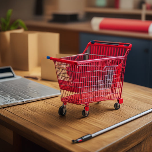 A downward-trending graph with a red arrow pointing to a laptop screen displaying a partially filled shopping cart, abandoned on a cluttered desk with scattered papers and a broken pencil.
