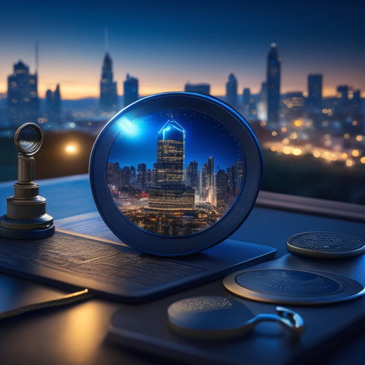A shield with a credit card emblem at its center, surrounded by magnifying glasses, scales, and tiny detective icons, set against a dark blue background with subtle hints of a cityscape at dusk.