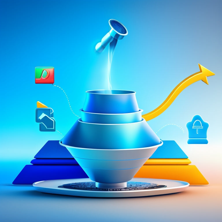 A stylized illustration of a digital product download funnel, with a bright blue arrow flowing from a laptop to a cloud, surrounded by speeding download icons and a subtle background of 1s and 0s.