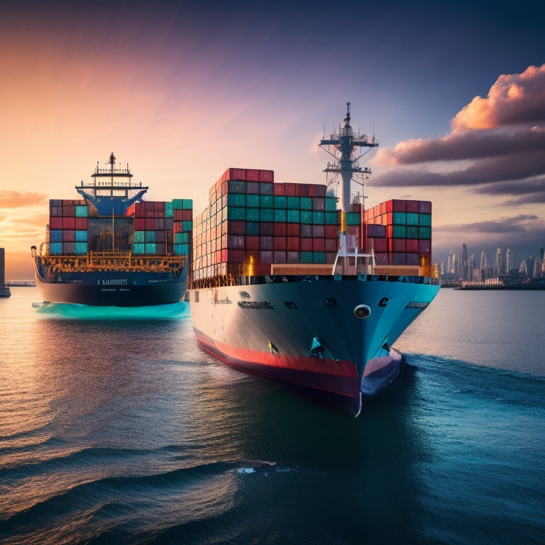 An illustration of a cargo ship navigating through calm waters, with containers stacked high, surrounded by subtle hints of cityscapes and industries in the background, symbolizing global connectivity.