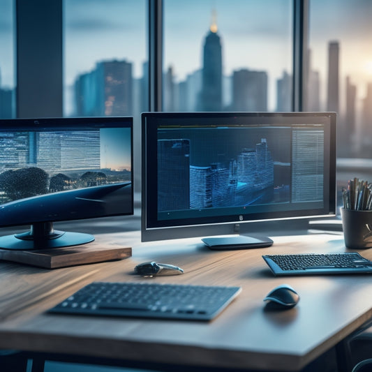 A futuristic desktop with a large, sleek laptop displaying a split-screen comparison of sales analytics, surrounded by scattered papers, pens, and a miniature trophy, set against a blurred cityscape background.