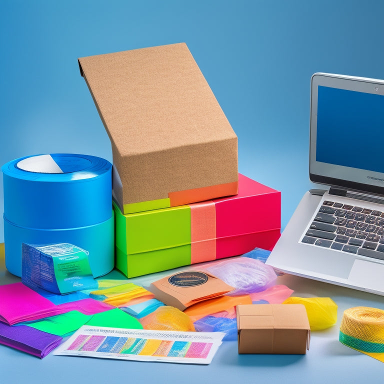 A colorful illustration of a USPS first-class shipping label on a white background, with a laptop and printer nearby, surrounded by packing materials like boxes, tape, and bubble wrap.