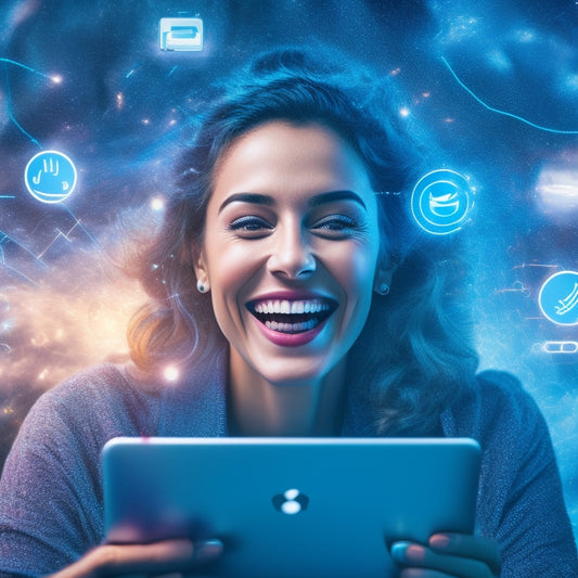 An illustration of a customer's happy face surrounded by swirling digital clouds, with tiny icons of downloadable files, laptops, and smartphones orbiting around, connected by glowing lines and sparks.