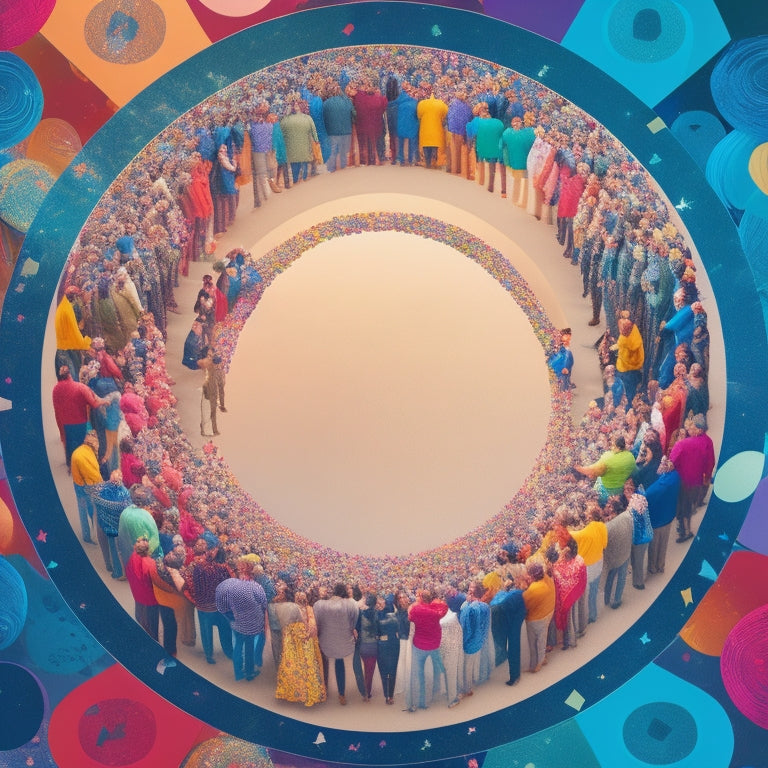 A stylized illustration of a crowd of diverse individuals, each with a unique style, standing together in a circular formation, surrounded by swirling social media icons and confetti, with a subtle glow effect.