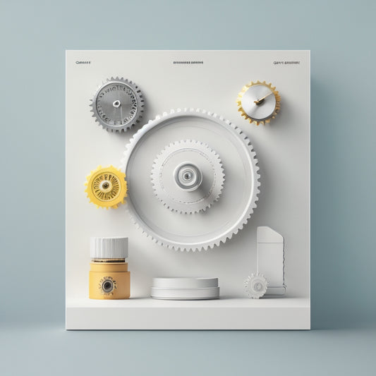 A minimalist illustration featuring a central cogwheel with interconnected gears, surrounded by simplified ecommerce icons (cart, package, clock), in a clean, modern, and calming color palette, conveying efficiency and harmony.