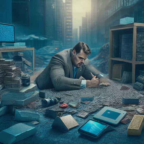 An illustration of a person stuck in a maze, surrounded by broken tablets, smartphones, and laptops, with a subtle cityscape or office background, conveying frustration and disconnection.