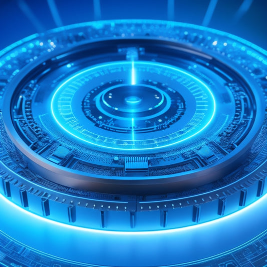 A futuristic, circular platform with glowing blue lines and circuits, surrounded by coding symbols and gears, with a bright, pulsing light at the center, radiating empowerment and innovation.