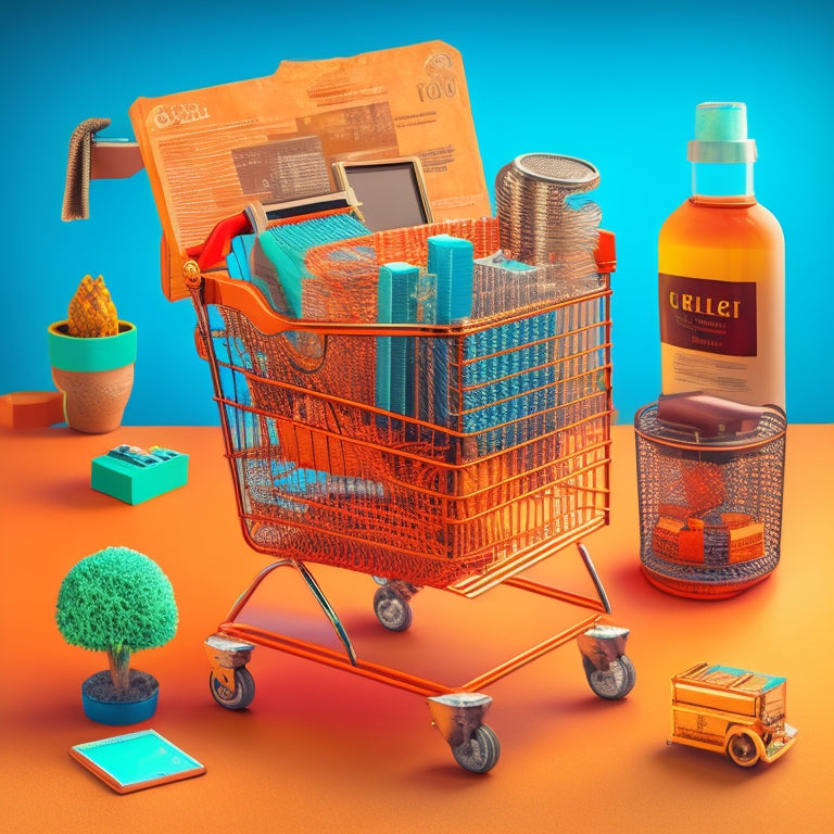 An illustration depicting the evolution of Magento ecommerce, featuring a vintage shopping cart filled with old computer parts transforming into a sleek, modern cart overflowing with digital gadgets, surrounded by swirling code and circuitry patterns.